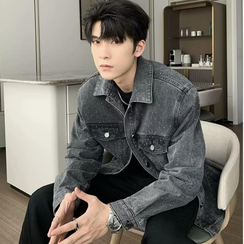 American Trendy Denim Jacket Mens Make Old Flash Diamond Fashion Outwear Spring Single-breasted Street Couple Cowboy Coats