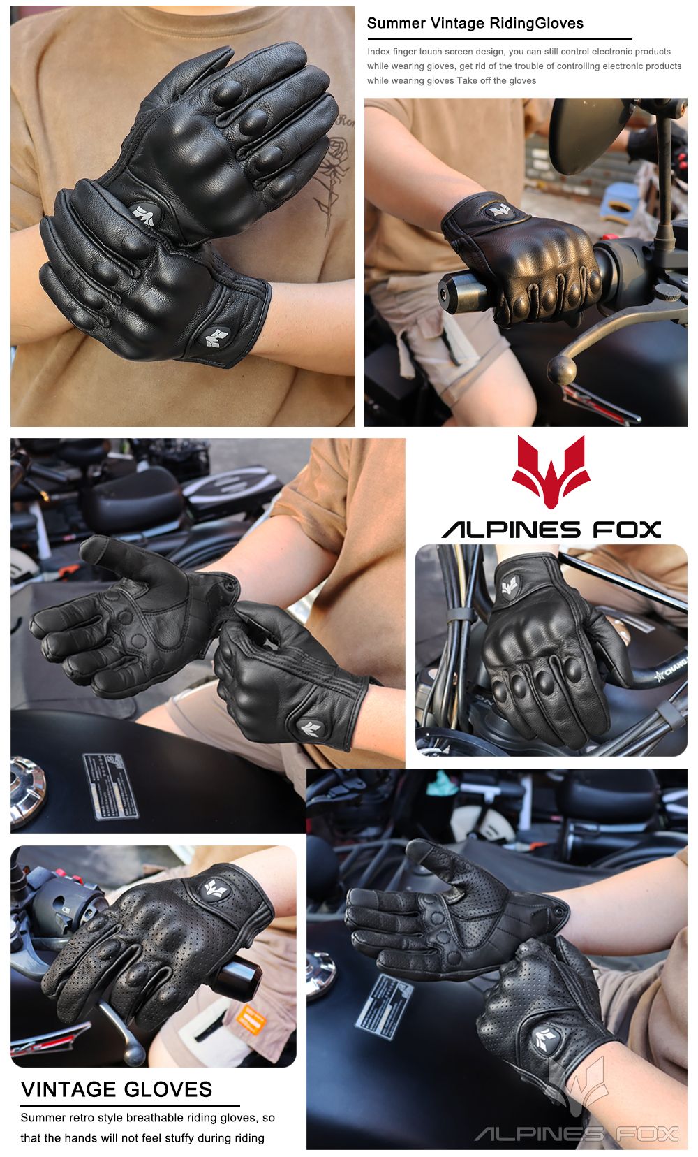 Luvas de Couro Perfurado Retrô de Verão para Motocicleta Masculino Feminino Luvas de Dedo Completo para Motocross Motoqueiro Guantes Moto Equipamento M-XXL