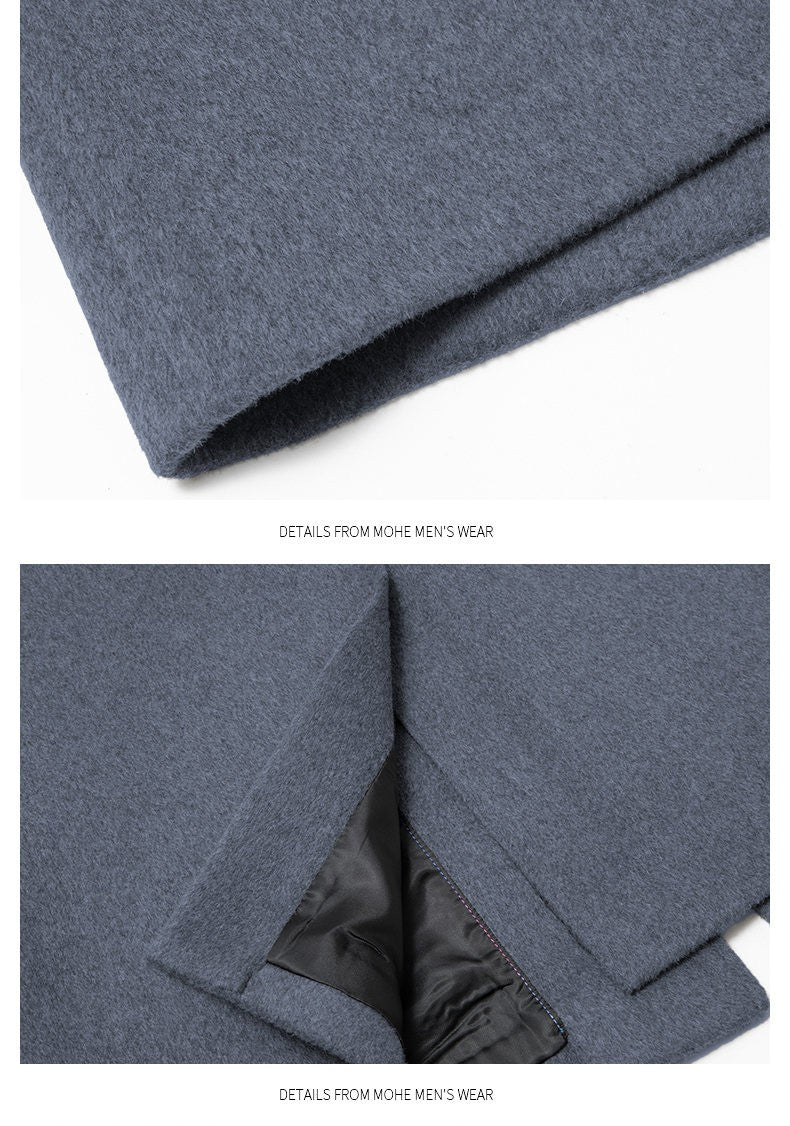 High-quality men's fashionable, stylish and versatile solid-color casual long woolen overcoat, wool woolen overcoat