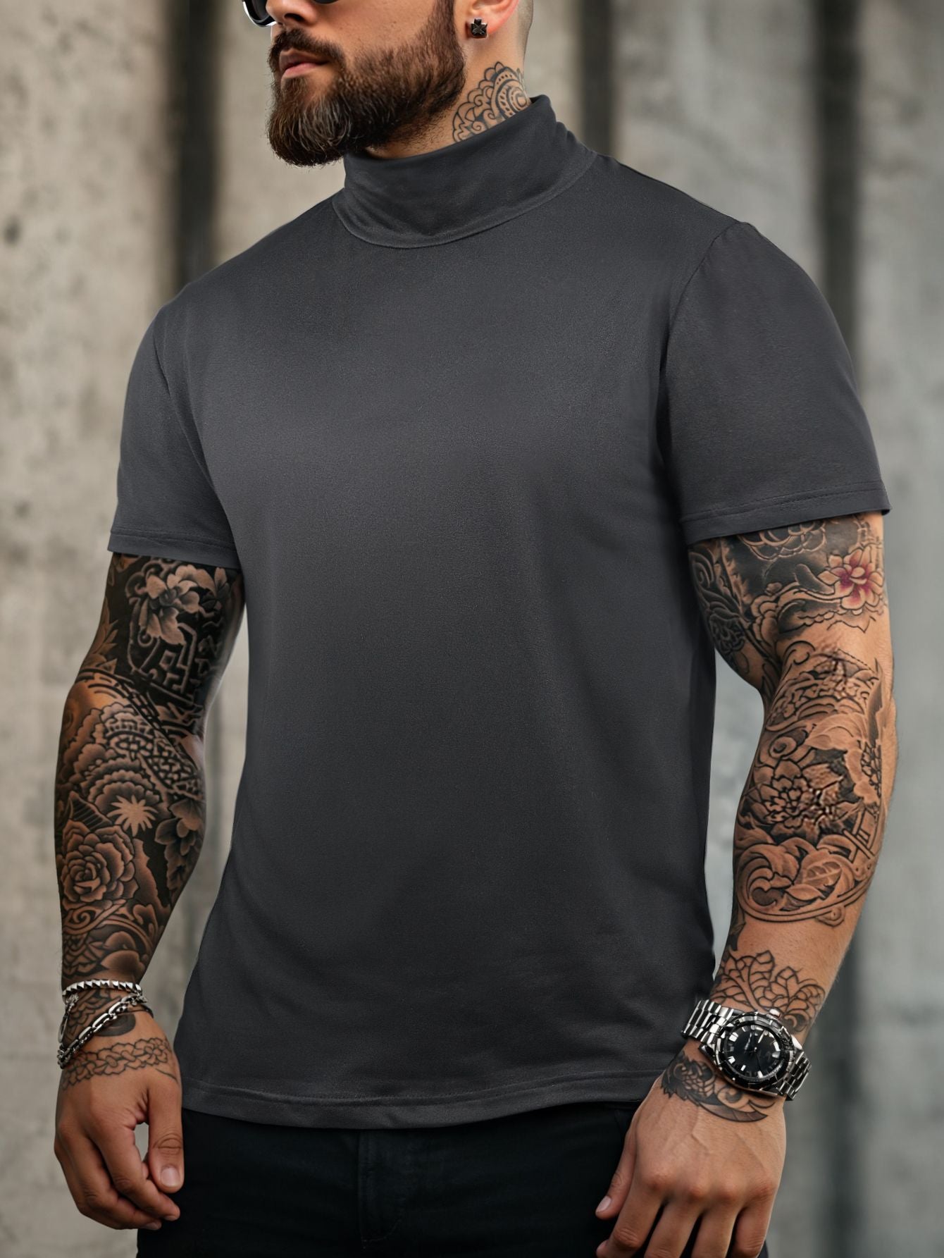 New Bottom Shirt Tees Tops Men Summer Casual Sports Workout Daily Plain High Neck Short Sleeve T-shirt Male Streetwear Clothes
