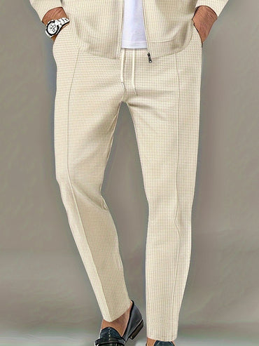 Men's Mid-Rise Waffle Fabric Casual Long Pants Lightweight Elegant Trousers Suitable for All Seasons