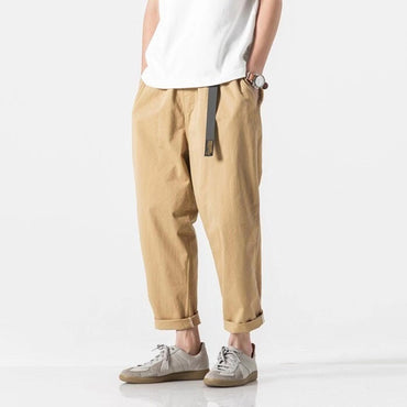 100% Cotton Casual Summer Pants With Belt Men Straight Baggy Ankle-Length Cargo Trousers Wide Leg Sweatpants Male Streetwear