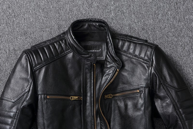 Men's Natural Leather Jacket First Layer Calfskin Stand Collar Motorcycle Jacket Retro Brown Cowhide Jacket Men‘s Biker Clothes