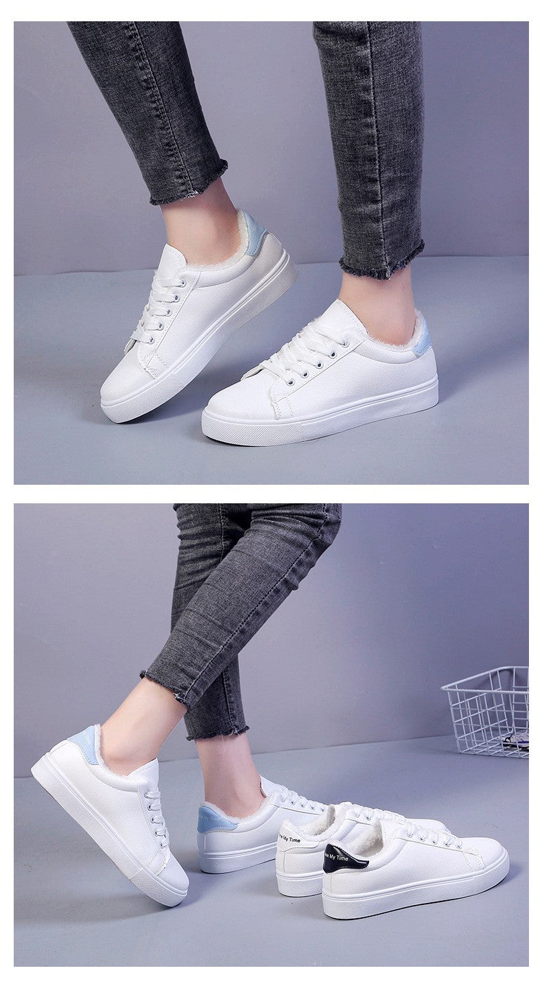 Tênis Feminino de Inverno, Quente, Pelúcia, Sola Vulcanizada, Plataforma, Algodão, Cadarço, Branco, Com Pelúcia, Casual