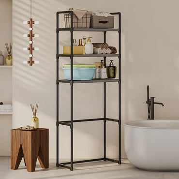 3-Tier Metal Bathroom Rack | Over Toilet Storage Shelf, No Drill Freestanding Organizer with Black Frame