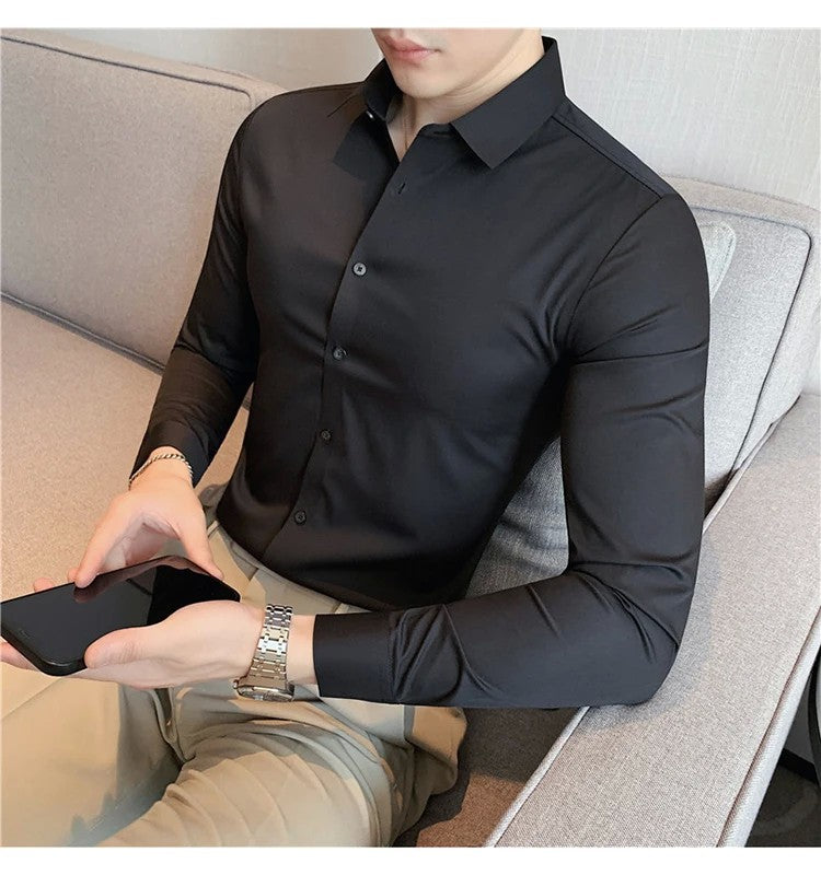 Men's Long Sleeved Elastic Shirt No Ironing Business Wear Professional Workwear Stand Up Collar Shirt Casual Solid Color Shirt