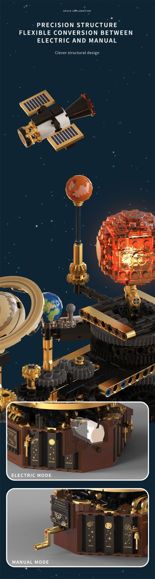 Modelo de sistema solar elétrico Blocos de montar Exploração espacial Equipamento de aprendizado Brinquedo montável rotativo presente para criança estudante