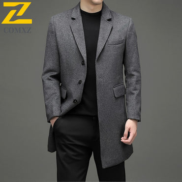 COMXZ 2025 Winter Woolen Trench Coat Men Retro Thick Cashmere Coat Korean Street Man Clothes Lightw Luxury Wool Blends Overcoat