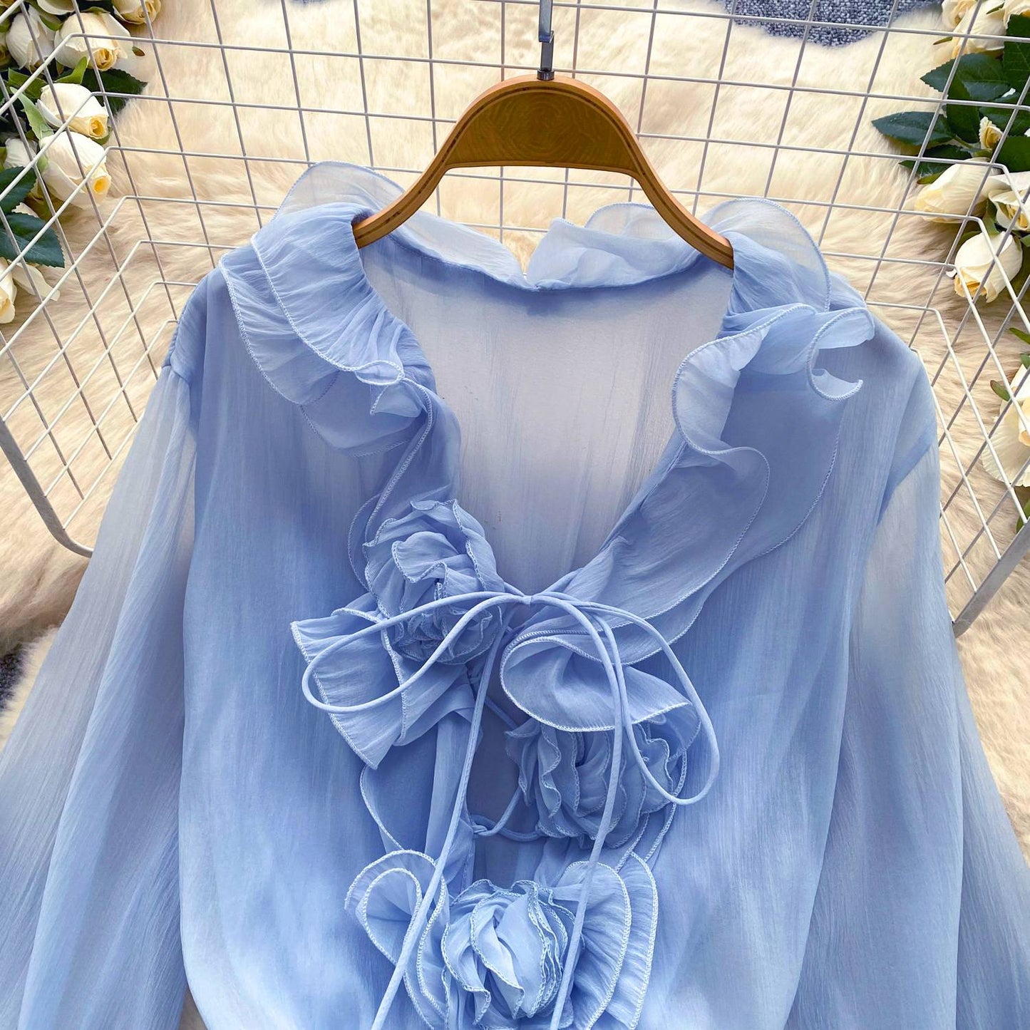 SINGREINY 3D Floral Beach Short Dress Female Long Sleeves Lace Up Ruffle Chiffon