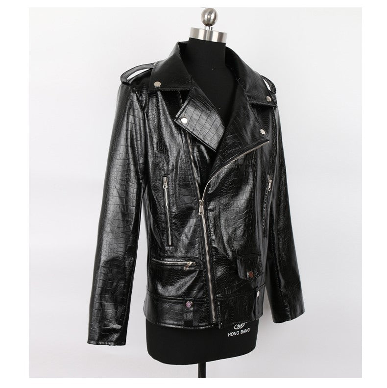 Mauroicardi Spring Red Crocodile Pattern Faux Leather Biker Jacket Long Sleeve Zipper Plus Size Designer Men Clothing 4xl 5xl