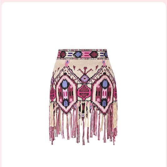 Yeova Women's High Waist Tassel Skirt National Sle Diamond Pattern Asymmetrical Wrap around Skirt Summer Casual