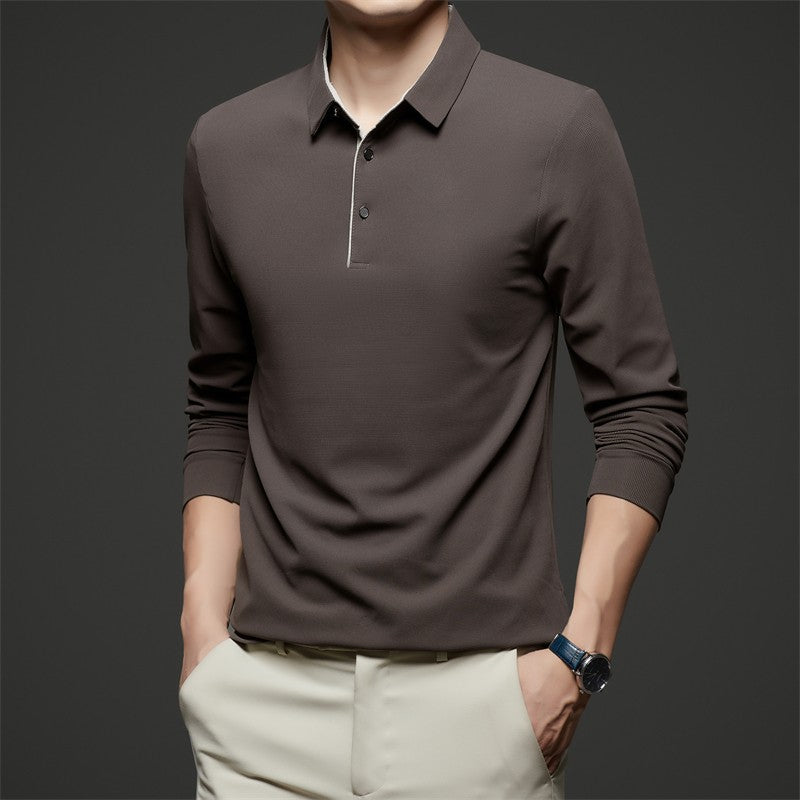 New Men's Business Casual Long Sleeve Solid Color Polo Shirt Fashionable Warm Comfortable Four Seasons Versatile Top