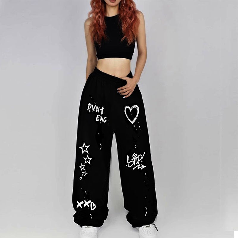 2024 American style quick drying striped sports pants women's summer new loose wide leg thin dopamine new loose widcasual pants
