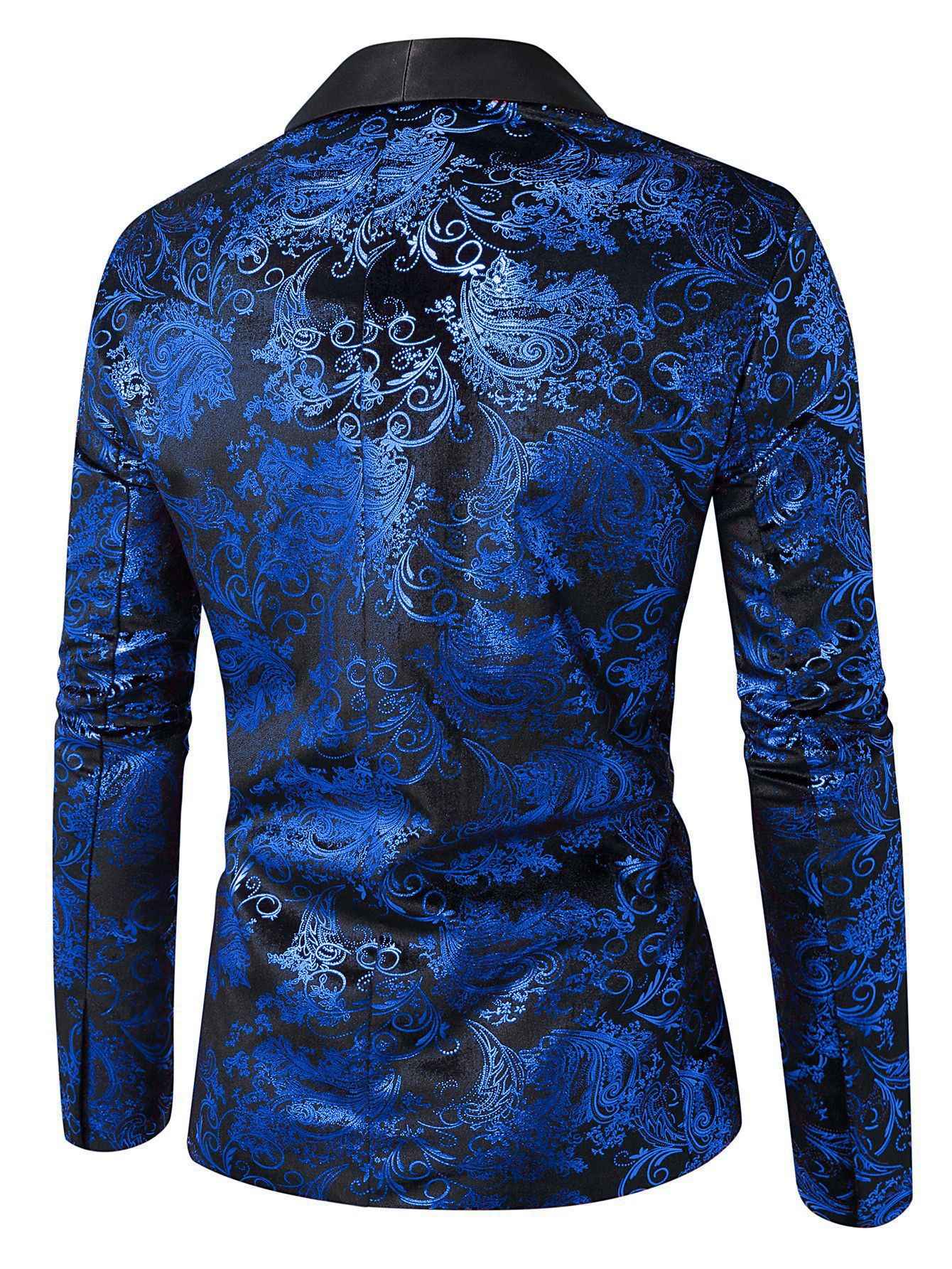 Men's Purple Print Suit Jacket Burgundy Long Sleeve Black Collar Single Button Coat for Wedding Party Stage Performance