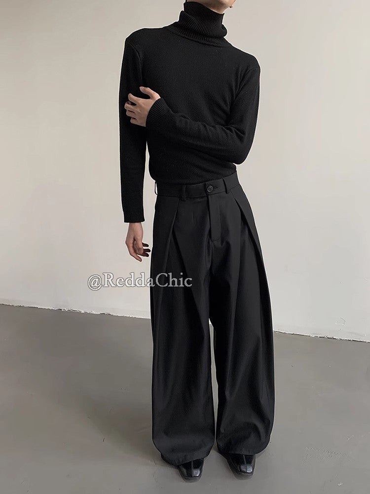 REDDACHiC Men's Pleated Front Wide Leg Pants Cleanfit Black Solid Low Waist Dressy Trousers Unisex Office Work Casual Clothes