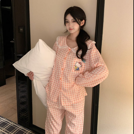 New Plus Size Sanrio Long Pajamas HelloKitty Lace Plaid Kawaii Cartoon Loose Sleepwear Pajamas Sets Autumn Winter Nightwear