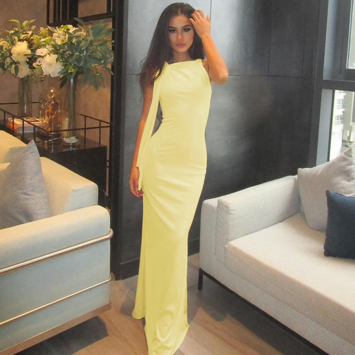 Hugcitar Fashion Solid O Neck Sleeveless Patchwork Sexy Bodycon Maxi Prom Dress