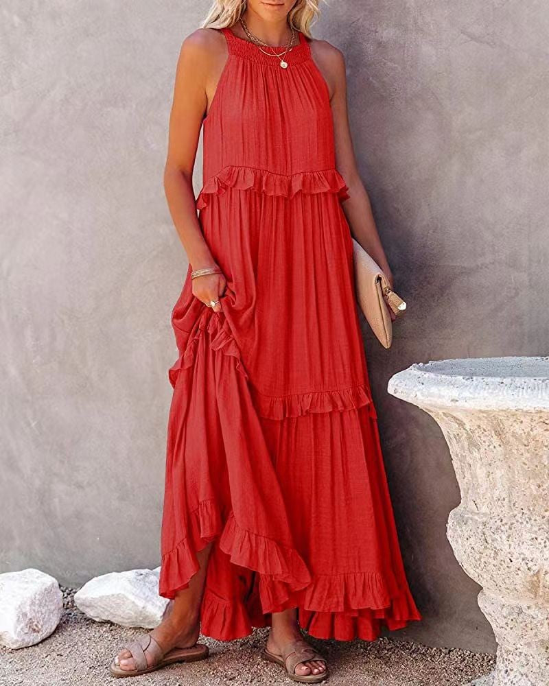 Women Casual Solid Ruffles Long Dress Summer Elegant Sleeveless Sundress Elegant