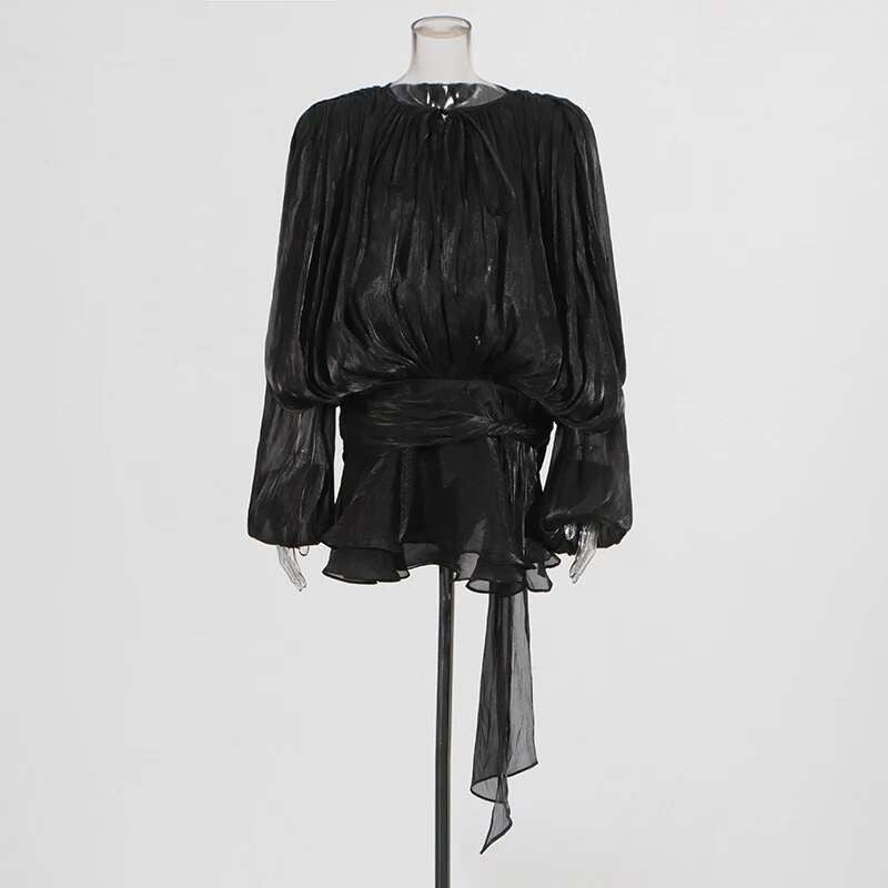 TWOTWINSTYLE Solid Blouse Mini Dresses For Women V Neck Long Sleeve Spliced Lace