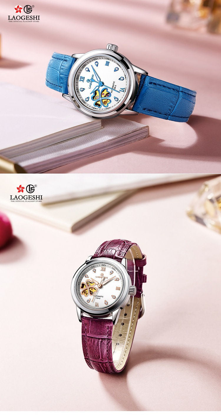 Women Automatic Mechanical Watches Diamond Four-leaf Clover WristWatches Ladies Rose Leather Watch Waterproof Senhoras Assistir