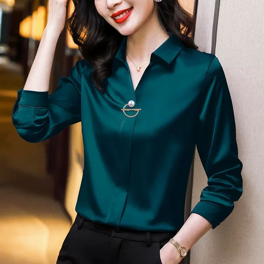 Elegant Women Chiffon Blouse 2025 New Temperament Turndown Collar Office Lady Shirt Streetwear Casual Solid Color Tops Clothing