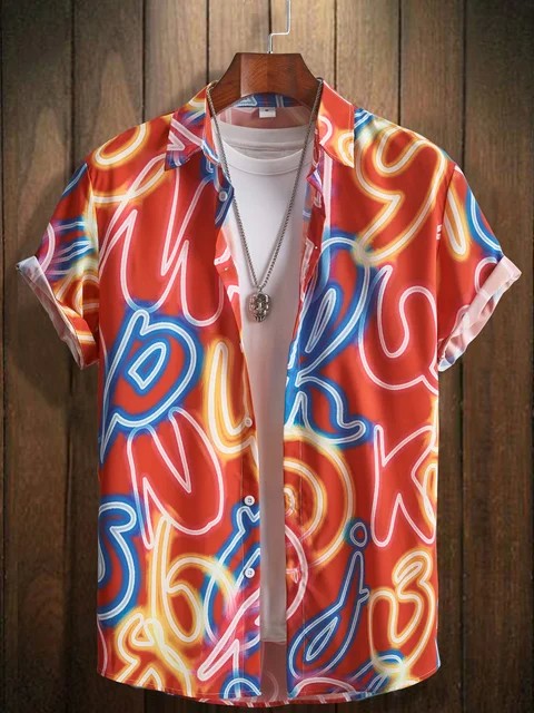 Men's Neon Style Print Lapels Button Up Casual Short Sleeve Shirts Men's Clothing for Summer Hawaii Shirt Men's Streetwear