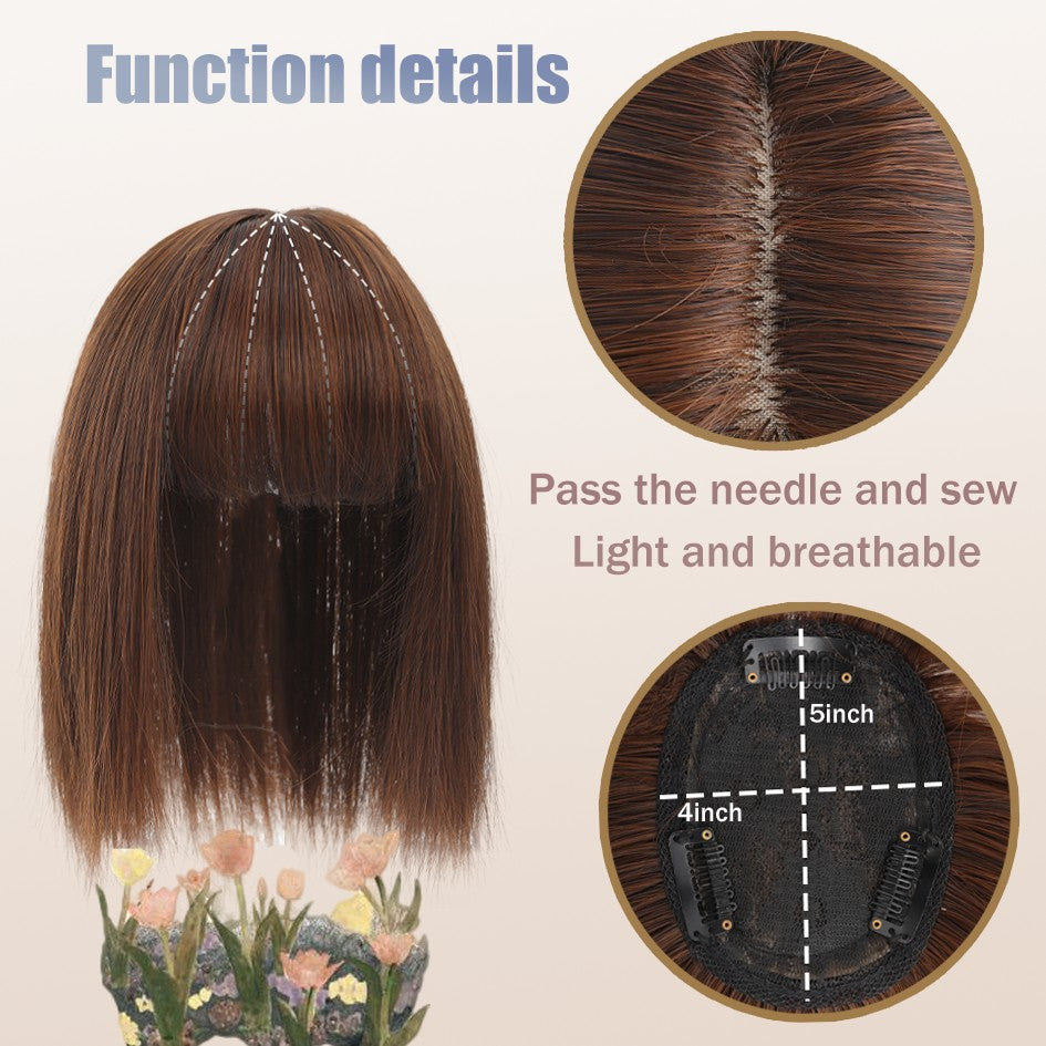 Franja sintética feminina de 25 cm/35 cm, lisa, aplique de cabelo topo, três presilhas, peruca preta/peruca marrom/peruca bege/peruca cáqui