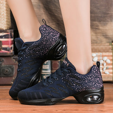 Ladies Modern Fashion Dance Shoes Breathable Mesh Jazz Dancing Shoes Ballroom Training Casual Sports Shoes Knitted Sneakers