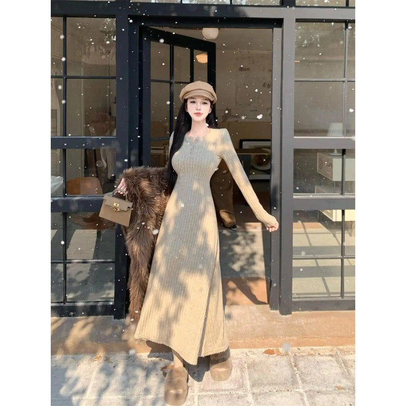Long Sleeve Dresses Women Solid Slim Basic Mid-length All-match Elegant Autumn Winter Vestidos Female Defined Waist Knitting New