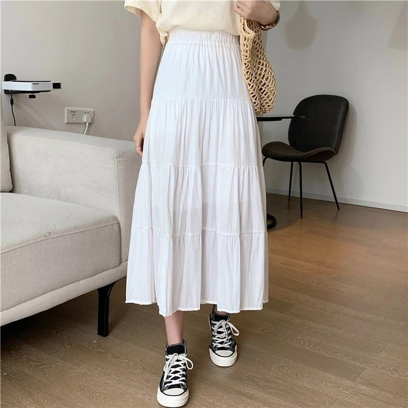 Spring Summer Women Chiffon Skirts Vintage High Waist Elastic Patchwork White Bl