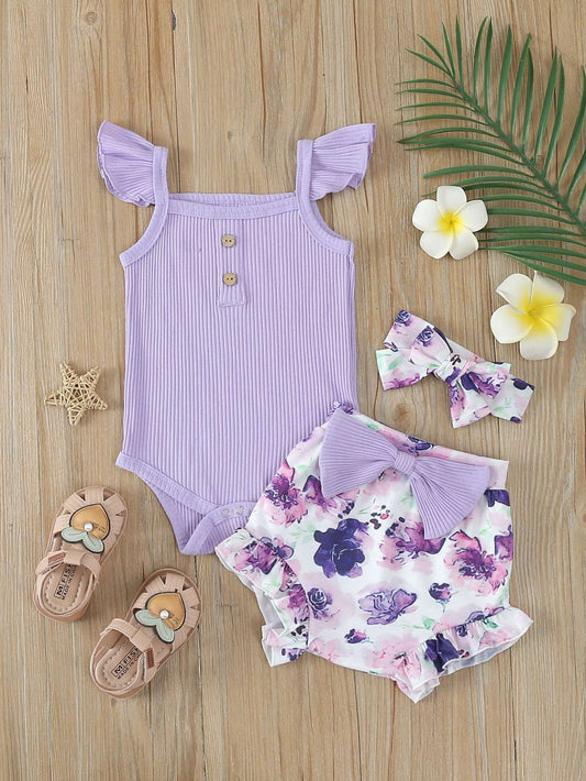 Summer Newborn Baby Girl Clothes Set Sleeveless Bodysuit Printed Shorts 3pcs Clothing Suit Baby Girl Clothes For 0-1Years
