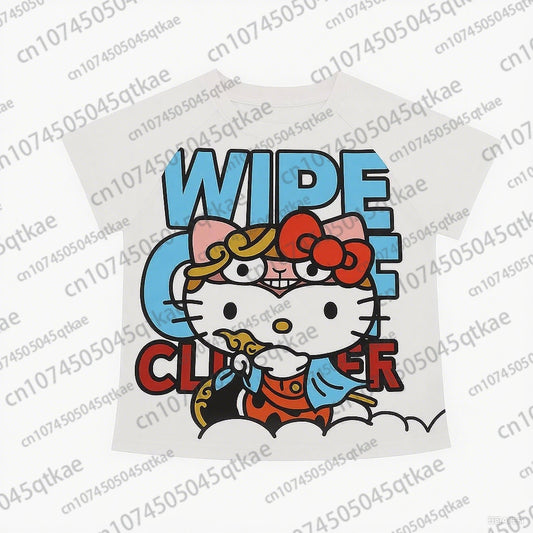 2025 New Hello Kitty T-shirt Anime Sanrio Fashion Short Tops Y2k Summer Cute Tees Cartoon Print High Street Women's Short Sleeve