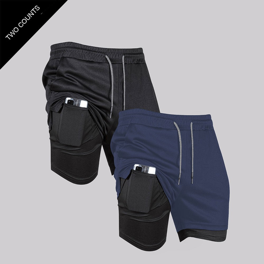 Men's Double Layer Fitness Shorts Men Fitness Gym Training 2 in 1 Sports Shorts Quick Dry Workout Jogging Double Deck Summer