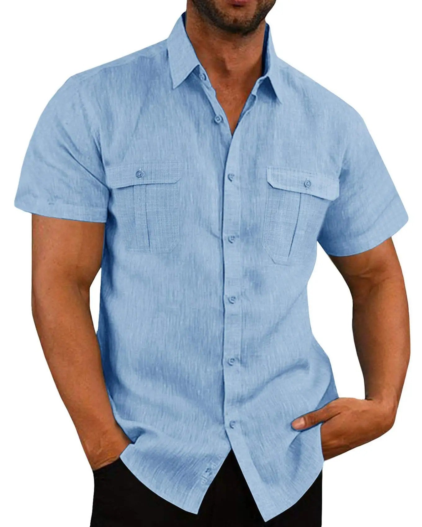 Cotton Linen Hot Sale Men's Short-Sleeved Shirts Summer Solid Color Turn-down collar Casual Beach Style Plus Size