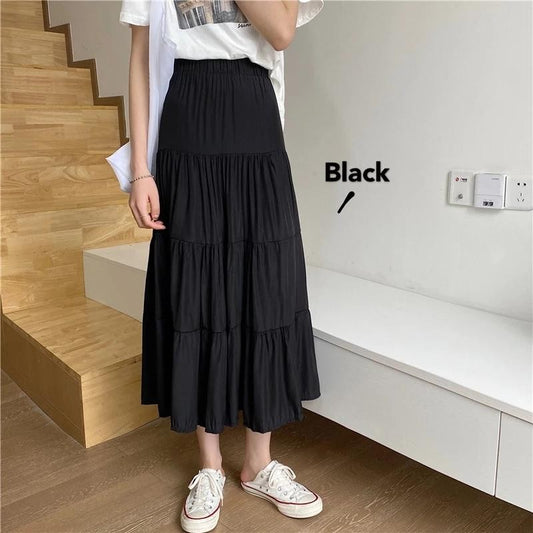 Spring Summer Women Chiffon Skirts Vintage High Waist Elastic Patchwork White Bl