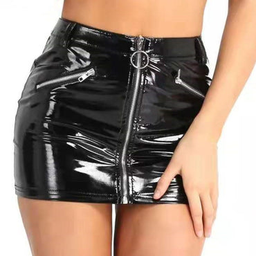 New Sexy Patent Leather Elastic Mini Hip Skirt Nightclub Hot Leather Mini Skirt Evening Dresses Women Black Skirt