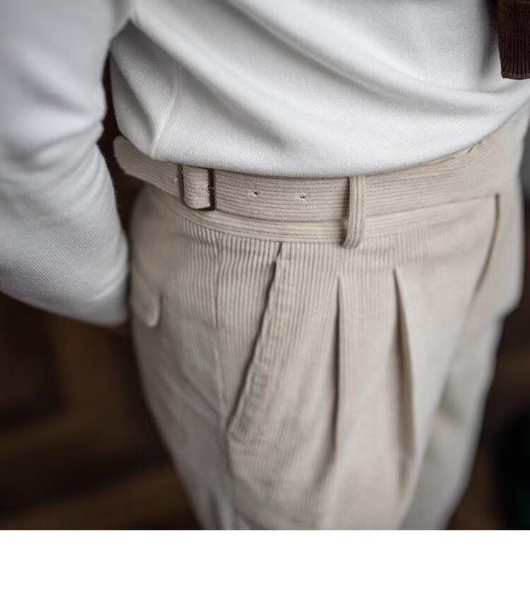 Italian Style Corduroy Naples Suit Pants Men High-waisted Adjustable Belt Straight Trousers Autumn England Business Casual Pant