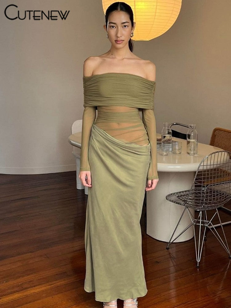 Cutenew Mesh Ruched Women Maxi Dress Sexy See Through Off Shoulder Long Sleeve S