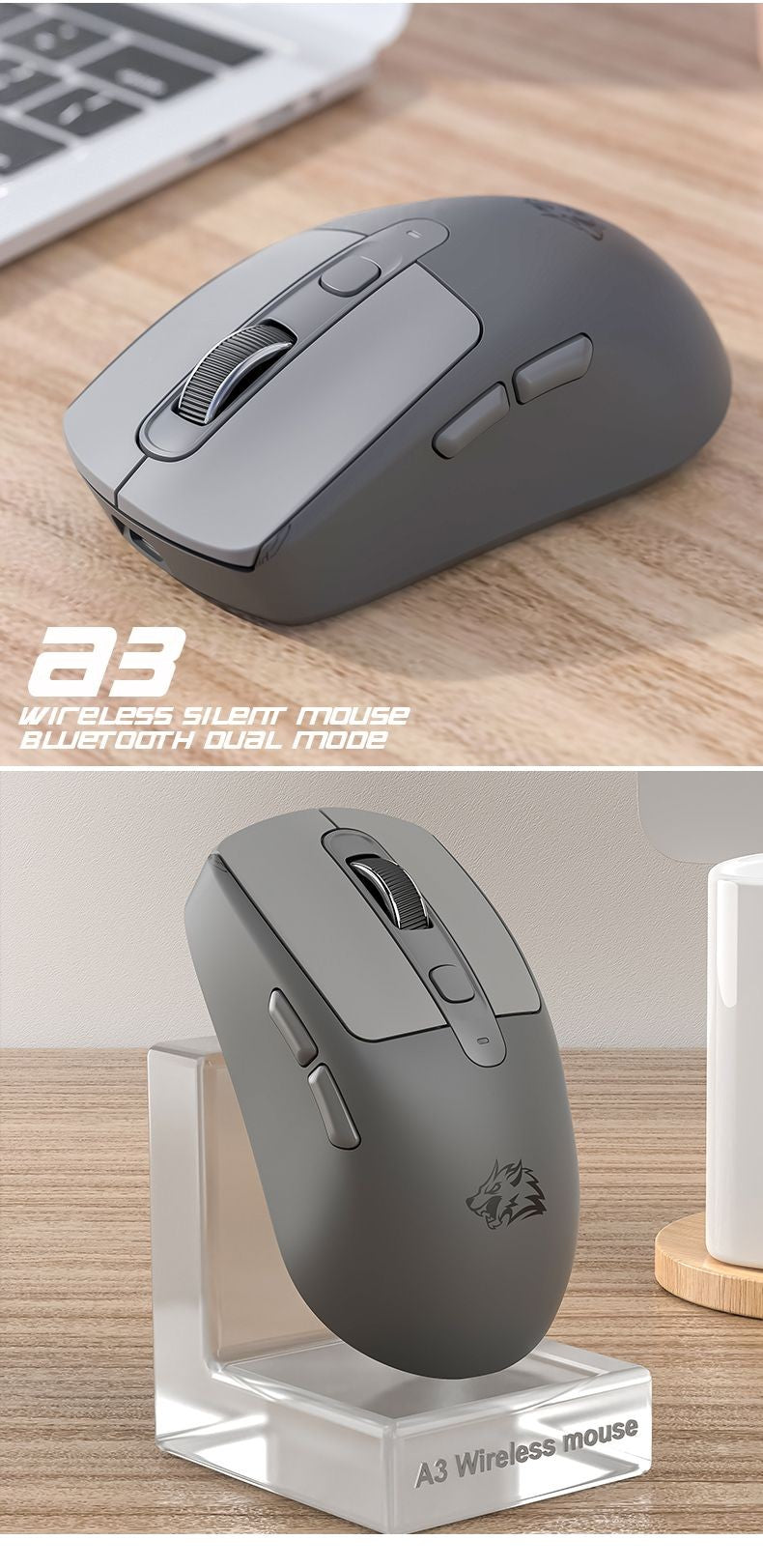 FREEWOLF A3 Wireless Silent Mouse ABS Pink Skin Not Fade Bluetooth Dual Mode Power Linght,5-Speed DPI,PAW3212 Chip Silent Design