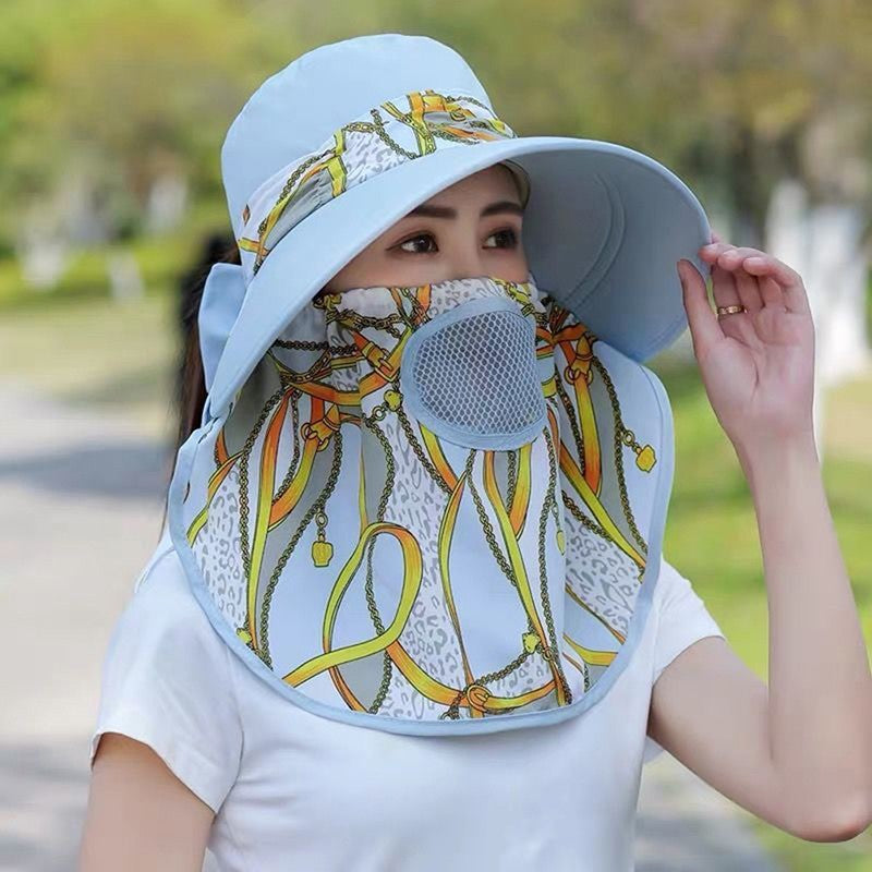 Verão Mulheres Exterior Estampa Chapéu Pescador Proteção UV Aba Larga Chapéu Jardim Trabalho Sombra Respirável Máscara Facial Destacável Quepe