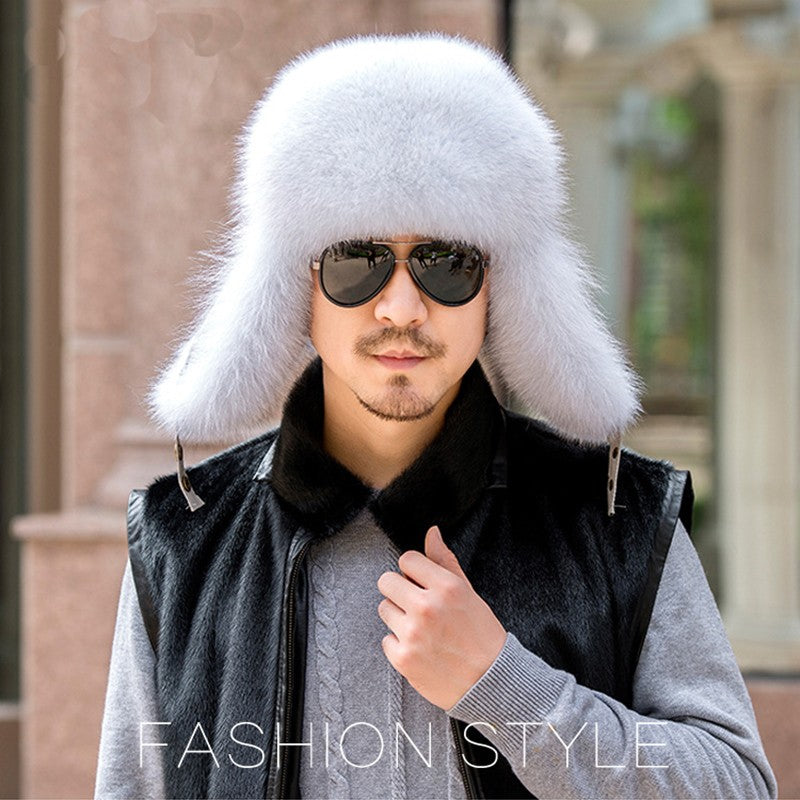 Inverno Masculino 100% Real Prata Raposa Pele Chapéu Bomber Guaxinim Pele Ushanka Cap Trapper Russo Homem Esqui Chapéus Bonés Couro Genuíno