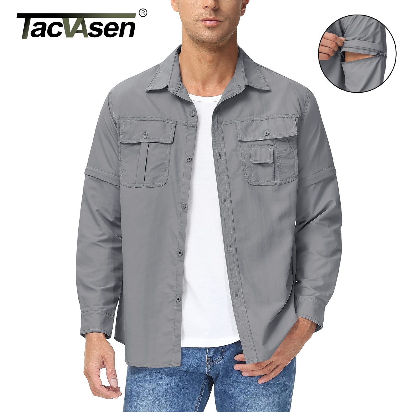 TACVASEN Summer Quick Dry Long Sleeve Cargo Work Shirts with Pockets Mens Safari Hiking Shirts Button Down Shirts Clothes Males