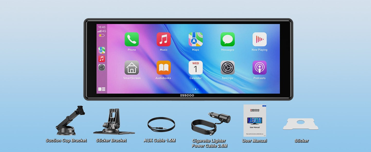 ESSGOO 10.26 Inch Portable Universal Car Stereo Apple CarPlay & Android Auto 4K IPS Touch Screen GPS Navi BT MP5 Player + Camera