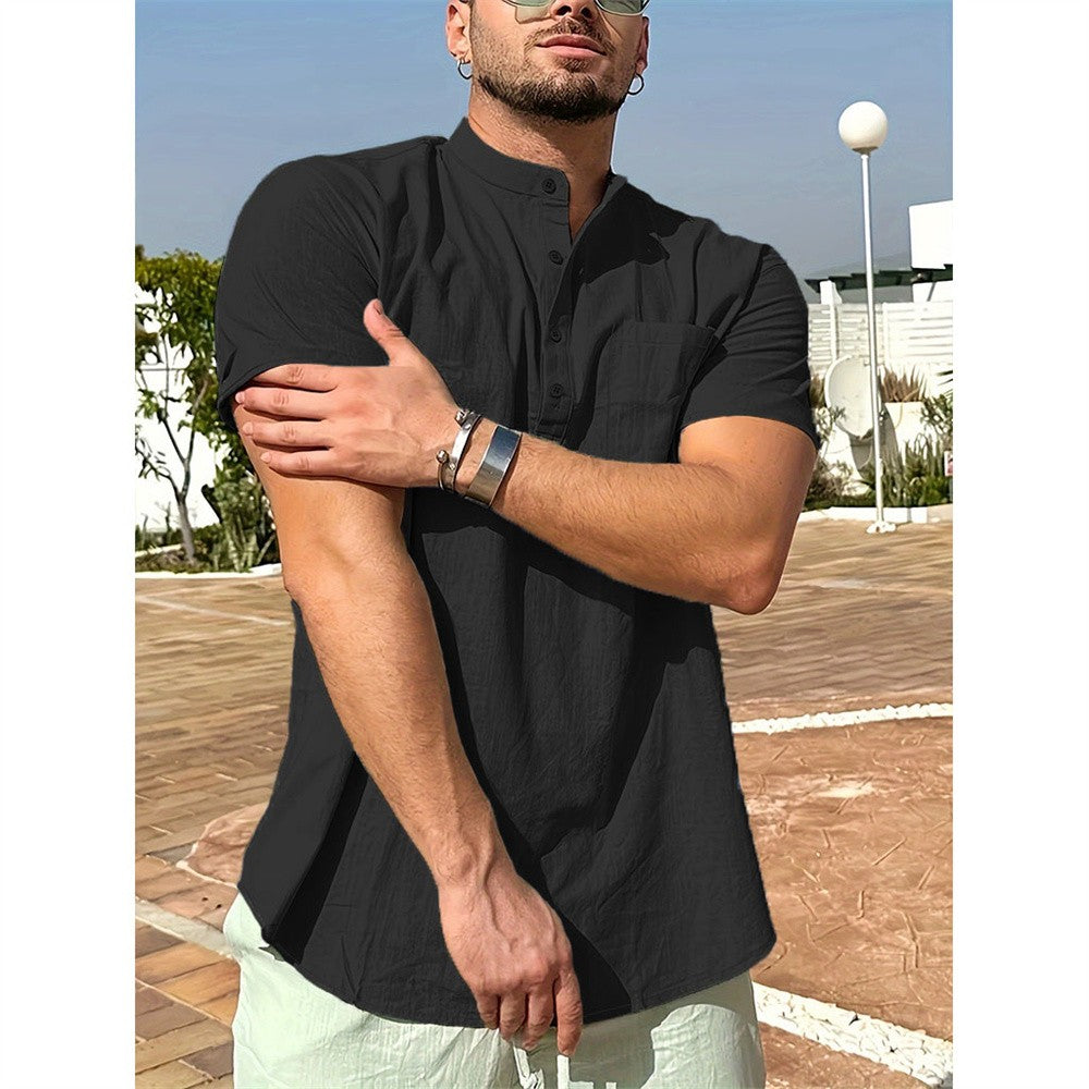 Summer Hot Sale Men's T-shirt Cotton Linen Henley Neck Casual Breathable Lightweight Solid Color Pocket Button Tops