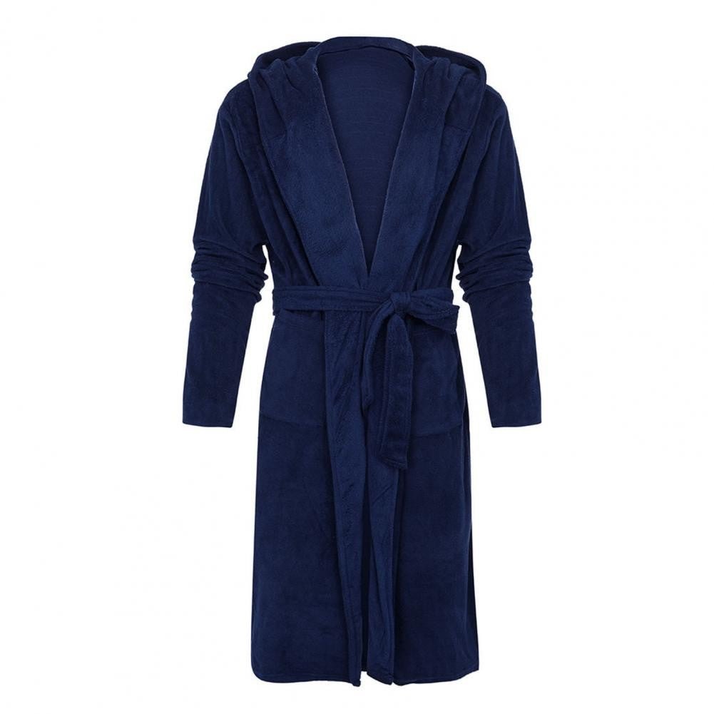 Belt Flannel Bath Robe for Men Hooded Pockets Warm Men Nightgown Men Plush Bathrobe Sleepwear Home Clothes Loose Pajamas Robe