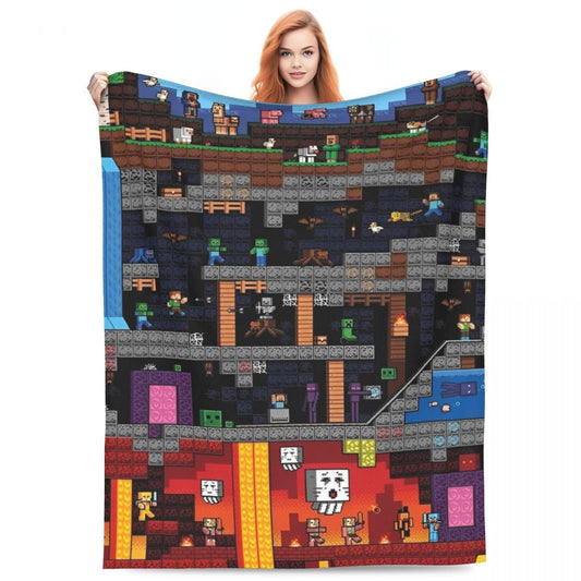 Cartoon Mines Pixel Game Crafts Flannel Blanket Super Warm Throw Blanket for Home Decor Decorative Street Trend Bedspread