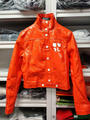 Trendy Luxury French Cou Logo Silhouette PU Leather Jacket Black Wine Red Short Coat Half Skirt Set Women's Fashion Outerwear