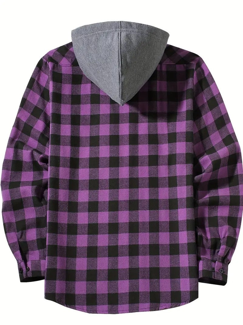 Youth Fashion Street Hooded Plaid Shirt Men's Slim Fit Long Sleeved Shirt Couple Travel Casual Shirt Men's Sports Shirt Jacket