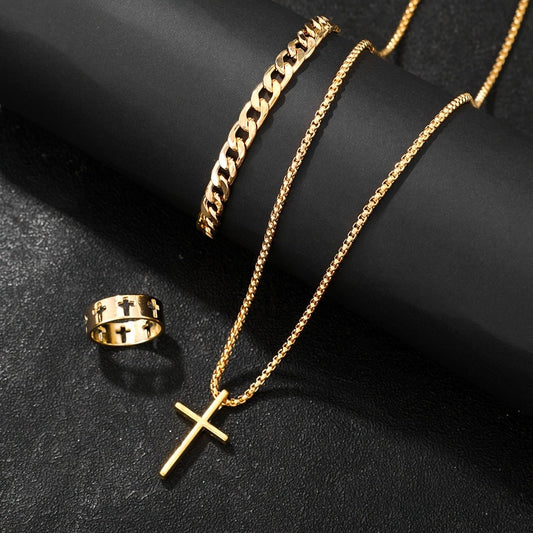 Stainless Steel 3pcs Jewelry Set for Men Cross Pendant Chain Necklace Bracelet Ring Set Personality Design Accessories Gifts