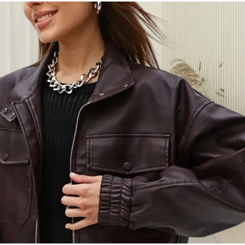 Full Sleeve Cropped Women Casual Slim Thin Motorcycle Coat Chic Zipper Lapel Wine Red Leather Jacket Lady New Highstreet Outwear